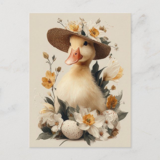 Easter Postcard with Flowers and Easter Duckling Vykort (Framsida)