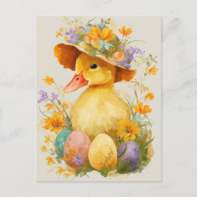 Easter Postcard with Flowers and Easter Duckling Vykort (Framsida)