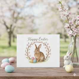 Easter Rabbit and Cherry Blossom Wreath  Vykort