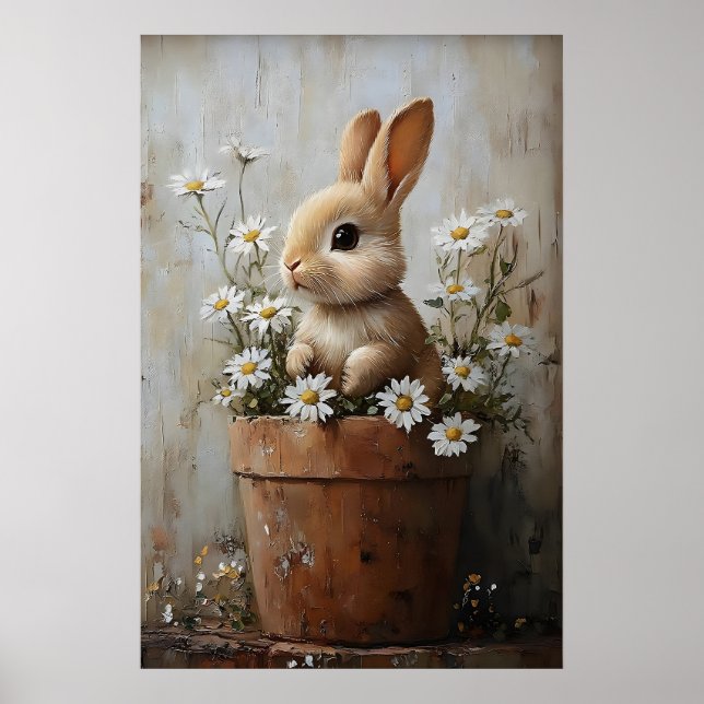 Easter Rabbit Bunny In Flower Pot Print, Rustic Poster (Framsidan)