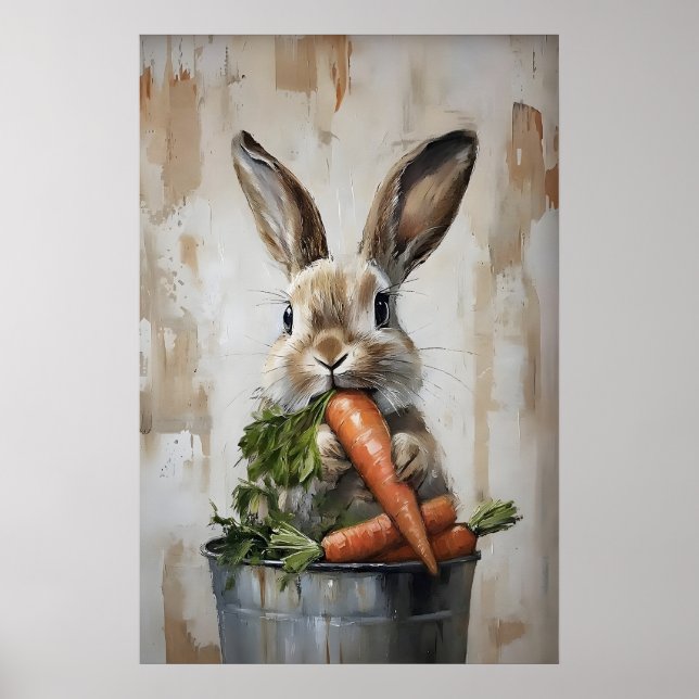 Easter Rabbit In Bucket Of Carrots Print, Spring Poster (Framsidan)