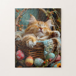 Easter Season Cute Cat Sleeping in Wicker Basket Pussel