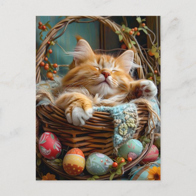 Easter Season Cute Cat Sleeping in Wicker Basket Vykort (Framsida)