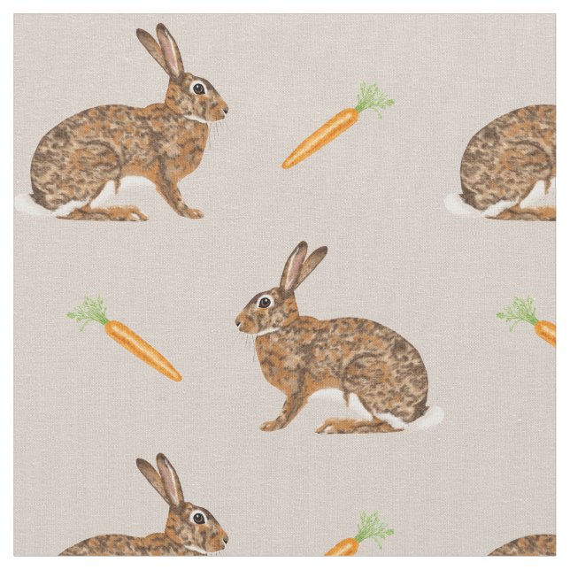 Easter Spring Hare Bunnies And Carrots On Beige Tyg (Närbild)