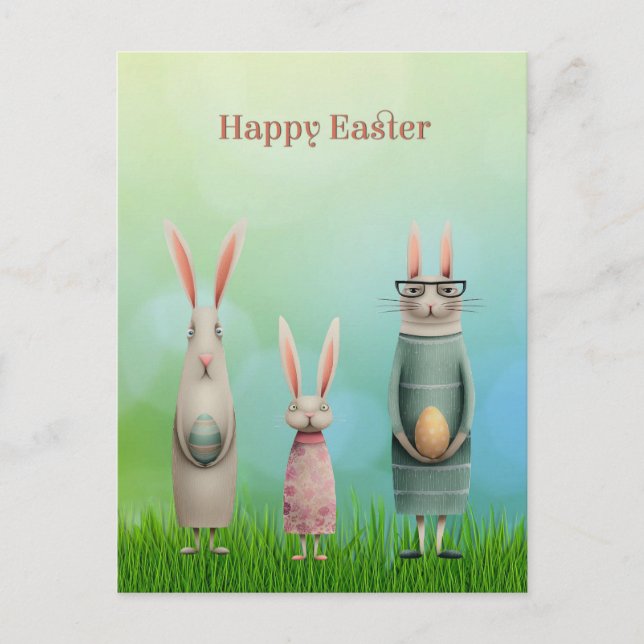 Easter Three Bunnies in Grass Card Helg Vykort (Framsida)