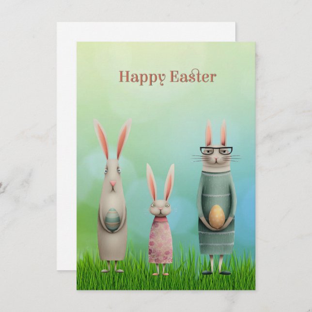 Easter Three Bunnies in Grass Card Julkort (Fram/baksida)