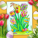 Easter Tulips with Bunny Postcard Vykort<br><div class="desc">In this cute Easter illustration,  a tiny easter bunny sits in a tulip,  painting it with easter egg patterns. Around it are other tulips he has already painted in colorful stripes,  dots and waves. Send this cute card to friends and family to wish them a Happy Easter.</div>