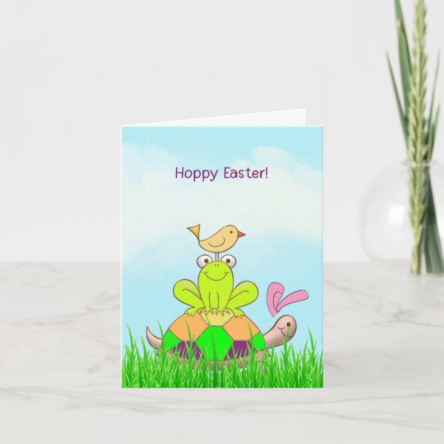 Easter Turtle and Frog and Bird in Grass Card Helgkort (Framsida)