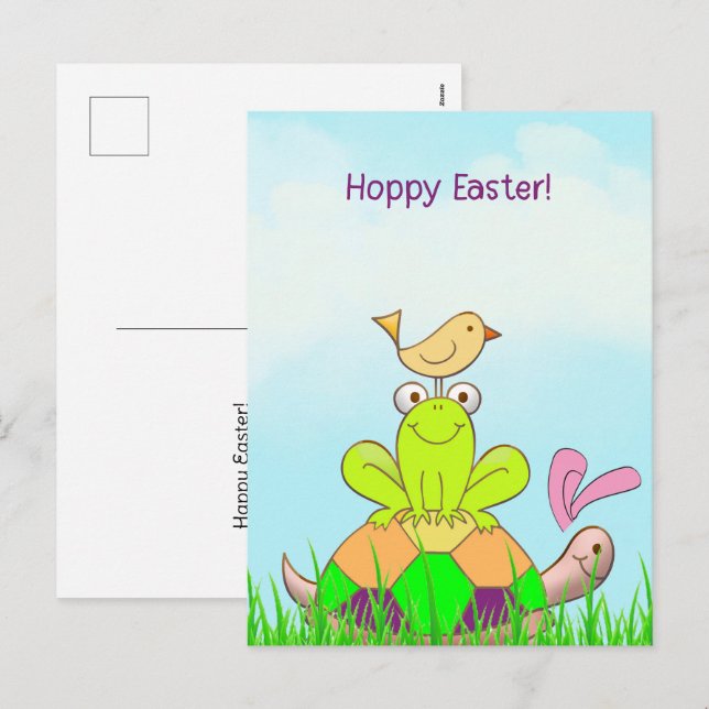 Easter Turtle and Frog and Bird in Grass Postcard Helg Vykort (Fram/baksida)