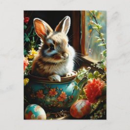 Easterbunny med målade ägg och blommor vykort