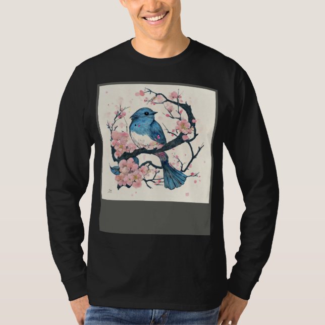 Eastern Blue Bird and Sakura Blossom Branch T Shirt (Framsida)