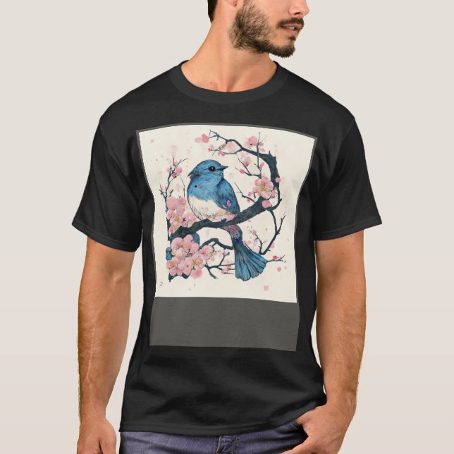 Eastern Blue Bird and Sakura Blossom Branch T Shirt (Framsida)