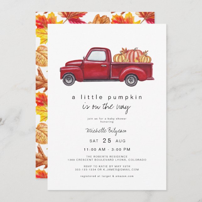 Easton - Red Lastbil Pumpkin Baby Shower Inbjudningar (Fram/baksida)