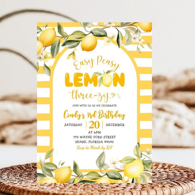 Easy Peezy Lemon ThreeZy Lemon 3-års födelsedag  Inbjudningar (Skapare uppladdad)