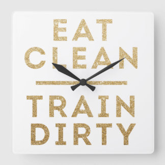 Eat Clean Tåg Dirty Guld Glitter Fyrkantig Klocka