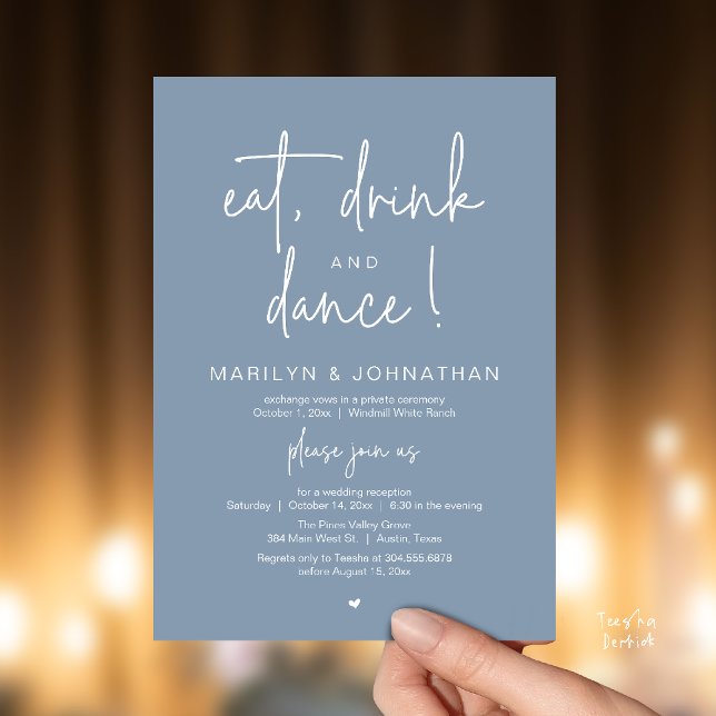 Eat, Drink and Dance, Modern Wedding Reception Inbjudningar (Eat, Drink and Dance, Modern Wedding Reception Dinner Party Invitation Card in dusty blue)