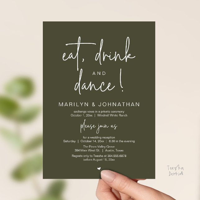 Eat, Drink and Dance, Modern Wedding Reception Inbjudningar (Eat, Drink and Dance, Modern Wedding Reception Dinner Party Invitation Card in olive green)