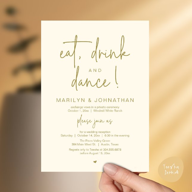 Eat, Drink and Dance, Modern Wedding Reception Inbjudningar (Eat, Drink and Dance, Modern Wedding Reception Dinner Party Invitation Card in yellow gold)