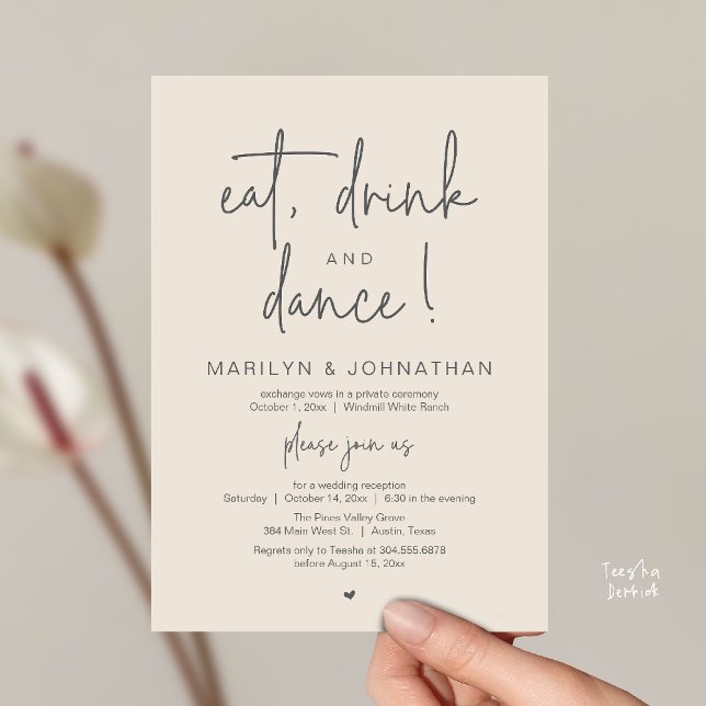 Eat, Drink and Dance, Modern Wedding Reception Inbjudningar (Eat, Drink and Dance, Modern Wedding Reception Dinner Party Invitation Card in cream grey)