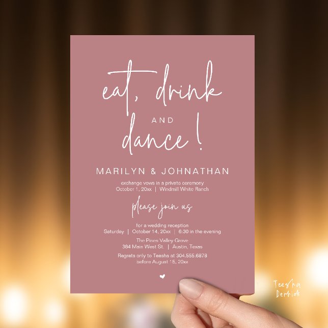 Eat, Drink and Dance, Modern Wedding Reception Inbjudningar (Eat, Drink and Dance, Modern Wedding Reception Dinner Party Invitation Card in dusty rose pink)