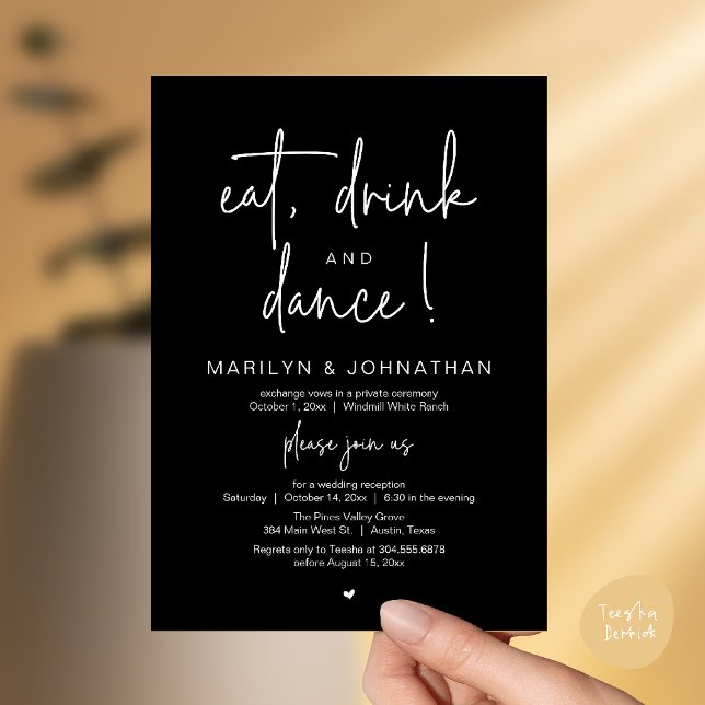 Eat, Drink and Dance, Modern Wedding Reception Inbjudningar (Eat, Drink and Dance, Modern Wedding Reception Dinner Party Invitation Card in black and white)