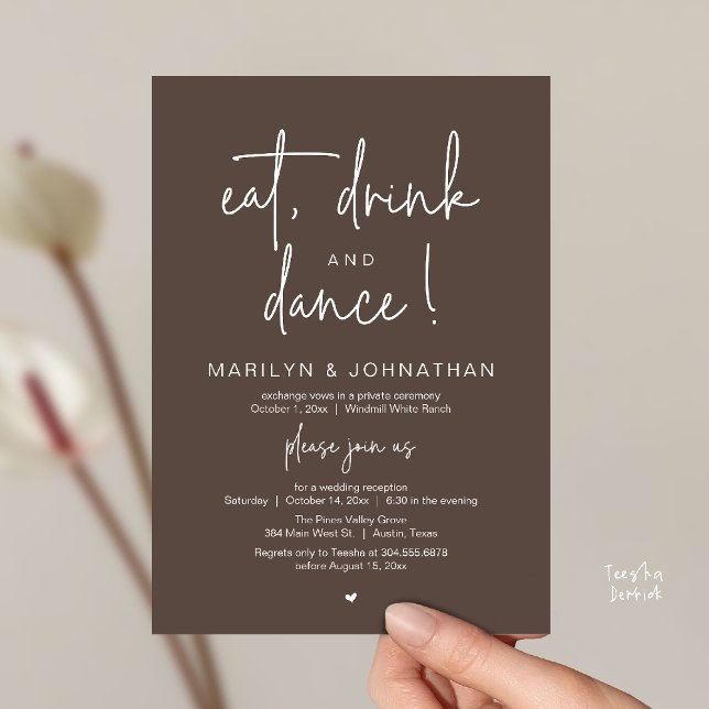 Eat, Drink and Dance, Modern Wedding Reception Inbjudningar (Eat, Drink and Dance, Modern Wedding Reception Dinner Party Invitation Card in dark taupe brown)