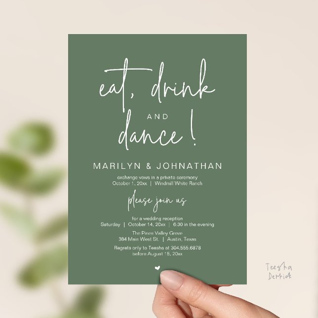 Eat, Drink and Dance, Modern Wedding Reception Inbjudningar (Eat, Drink and Dance, Modern Wedding Reception Dinner Party Invitation Card in sage green)