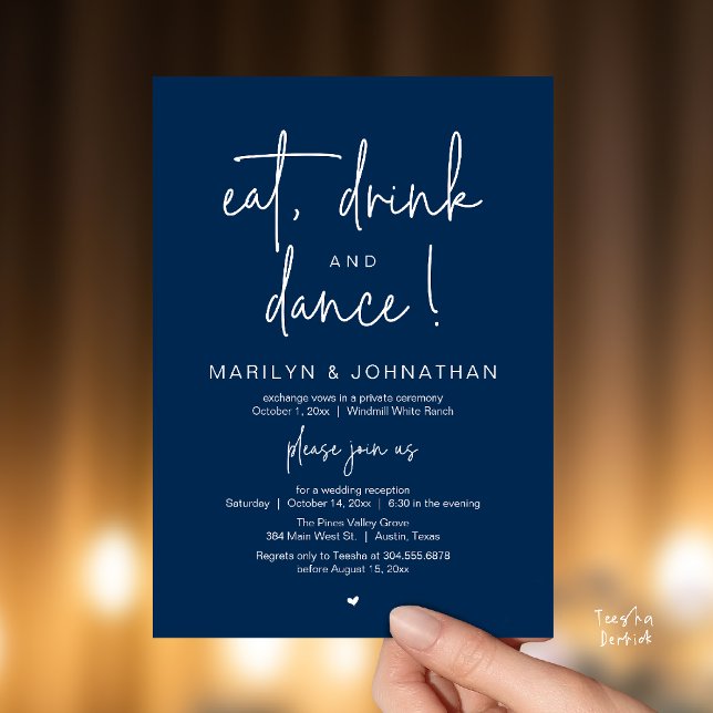 Eat, Drink and Dance, Modern Wedding Reception Inbjudningar (Eat, Drink and Dance, Modern Wedding Reception Dinner Party Invitation Card in navy blue)