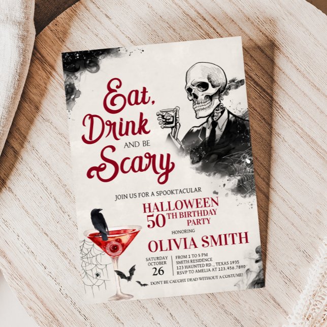 Eat Drink and Scary Halloween Födelsedagsfest Inbjudningar (Eat Drink and Scary Vintage Gothic Skull Halloween Birthday Party Invitation)