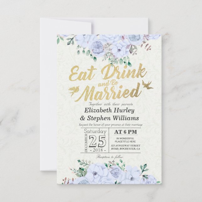 EAT Drink & be Married Bröllop Blommigt Guld skrip Inbjudningar (Framsida)