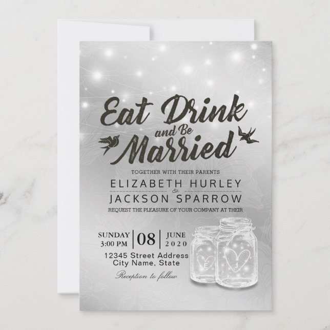 EAT Drink & be Married Bröllop Mason Burk Ljus Inbjudningar (Framsida)