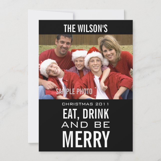 EAT DRINK BE MERRY PHOTO CHRISTMAS CARD BLACK JULKORT (Framsida)