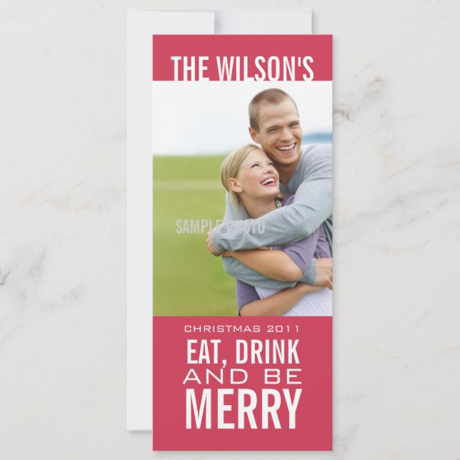 EAT DRINK BE MERRY PHOTO CHRISTMAS CARD Rosa Julkort (Framsida)