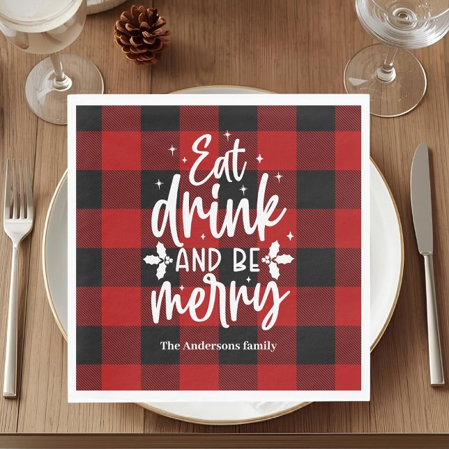 Eat Drink & Be Merry Red Buffalo Plaid Christmas  Pappersservett (Skapare uppladdad)