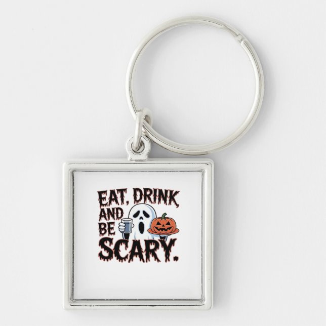 Eat Drink Be Scary Halloween Pumpkin Creative Styl Fyrkantig Silverfärgad Nyckelring (Framsidan)