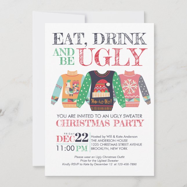 Eat Drink Be Ugly Sweater Julfest Inbjudningar (Framsida)