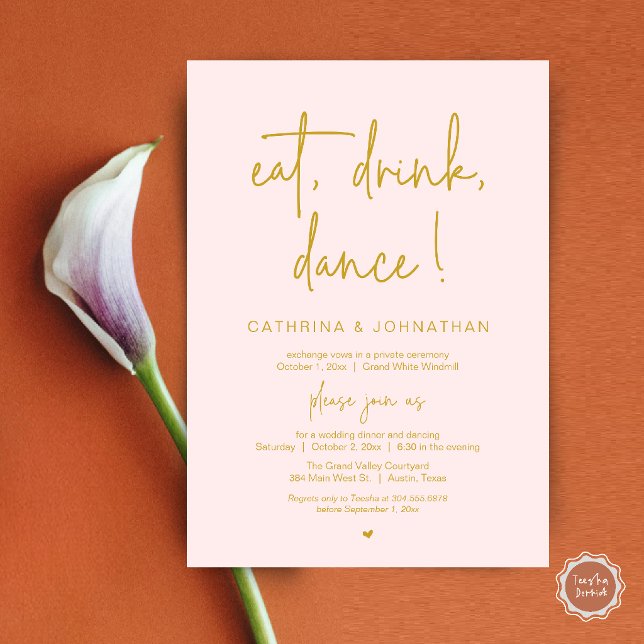 Eat, Drink, Dance, Elegant Gold Blush Elopement Inbjudningar (Eat, Drink, Dance Elegant Wedding Elopement Dinner Invitation Card in Blush and Gold)
