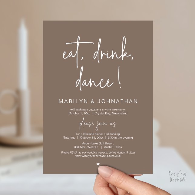 Eat, Drink, Dance, Wedding Elopement Dinner Party  Inbjudningar (Eat, Drink, Dance, Wedding Elopement Dinner Party Invitation Card in Warm Taupe Brown)