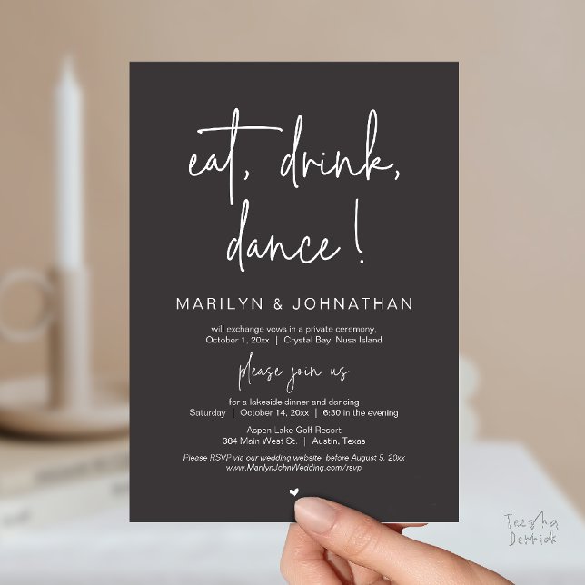 Eat, Drink, Dance, Wedding Elopement Dinner Party  Inbjudningar (Eat, Drink, Dance, Wedding Elopement Dinner Party Invitation Card in Charcoal Grey)