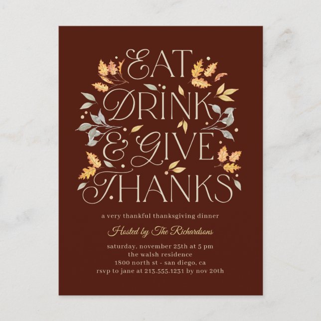 Eat Drink Ge Tack, Thanksgiving Middag Party Vykort (Framsida)