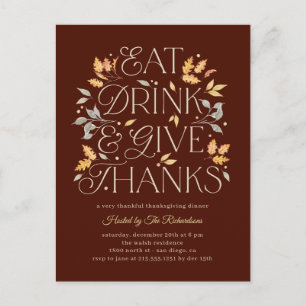 Eat Drink Ge Tack, Thanksgiving Middag Party Vykort
