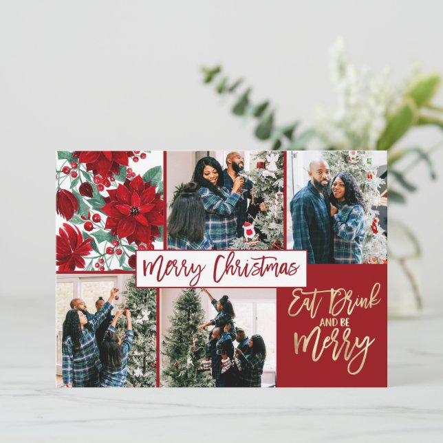 Eat Drink God jul Poinsettia Blommigt Photo Julkort (Stående Fram)