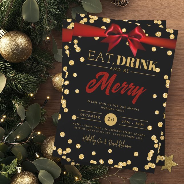 Eat Drink Guld Black Glitter Helgdag Julafton Bow Inbjudningar (Skapare uppladdad)