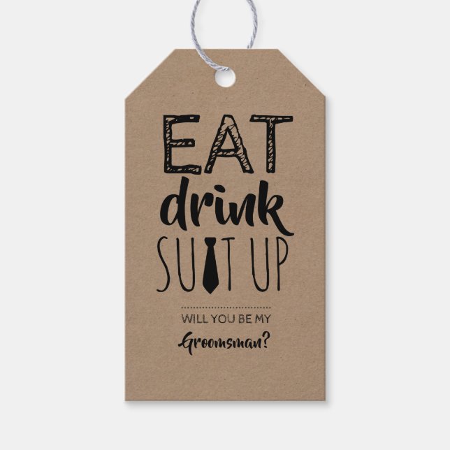 Eat Drink Kostym Up Funny Groomsman Frieri Presentetikett (Framsidan)
