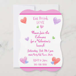 EAT DRINK LOVE Valentines Fun Watercolor Hearts Inbjudningar