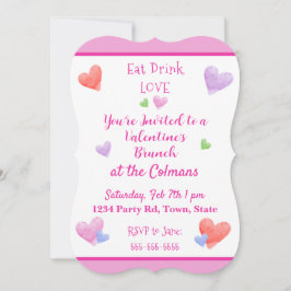 EAT DRINK LOVE Valentines Watercolor Hearts Inbjudningar