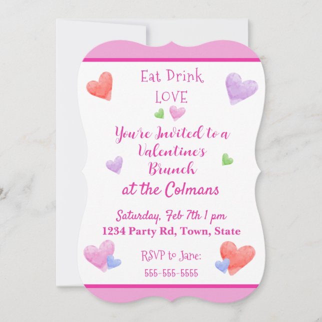 EAT DRINK LOVE Valentines Watercolor Hearts Inbjudningar (Framsida)