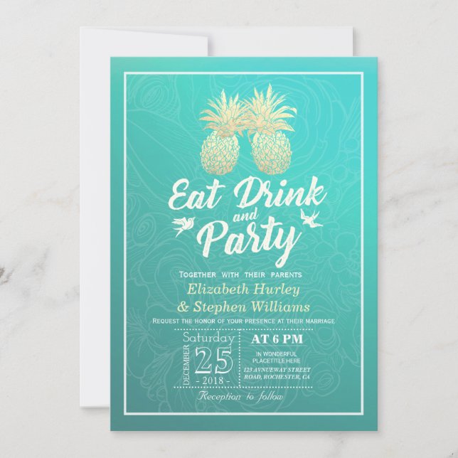 EAT Drink & Party Bröllop Golden Pineapple par Inbjudningar (Framsida)