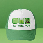 Eat Drink Party Funny St. Patrick's Day Truckerkeps<br><div class="desc">En coola S:t Patricks dagshölje som innehåller ord Eat Drink och Party bredvid symbolen för att äta,  en mugg av grönt öl och en S:t Paddy's-dagars leprechaunhatt.</div>