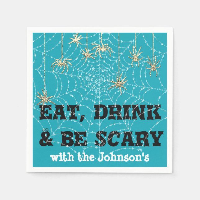 Eat Drink Scary Spider Halloween Blue Webben Guld Pappersservett (Framsidan)